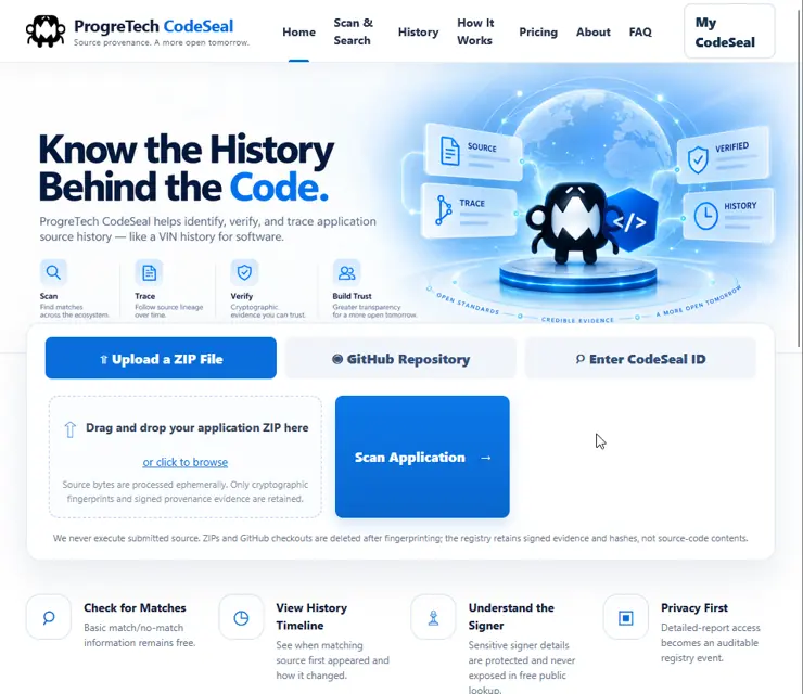 CodeSeal source-history interface with provenance lookup and registry entry points.
