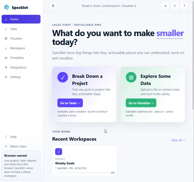 Specklet home interface with project planning and data exploration entry points.
