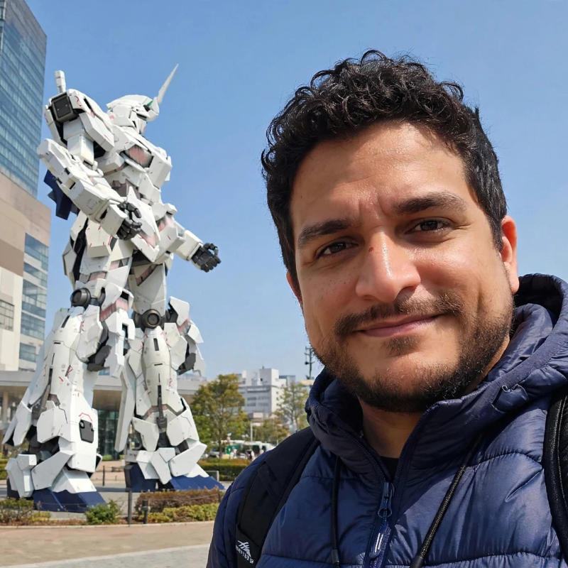 Edwin Rodriguez with the Unicorn Gundam in Tokyo